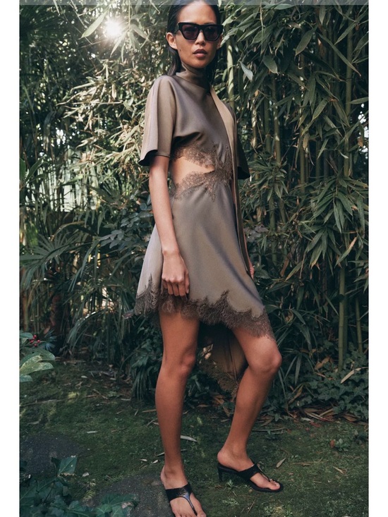 Zara Dresses & Skirts - NWT Zara Olive Mink Lace-Trim Short Cut Out Dress Medium 5919/041 Satin Effect